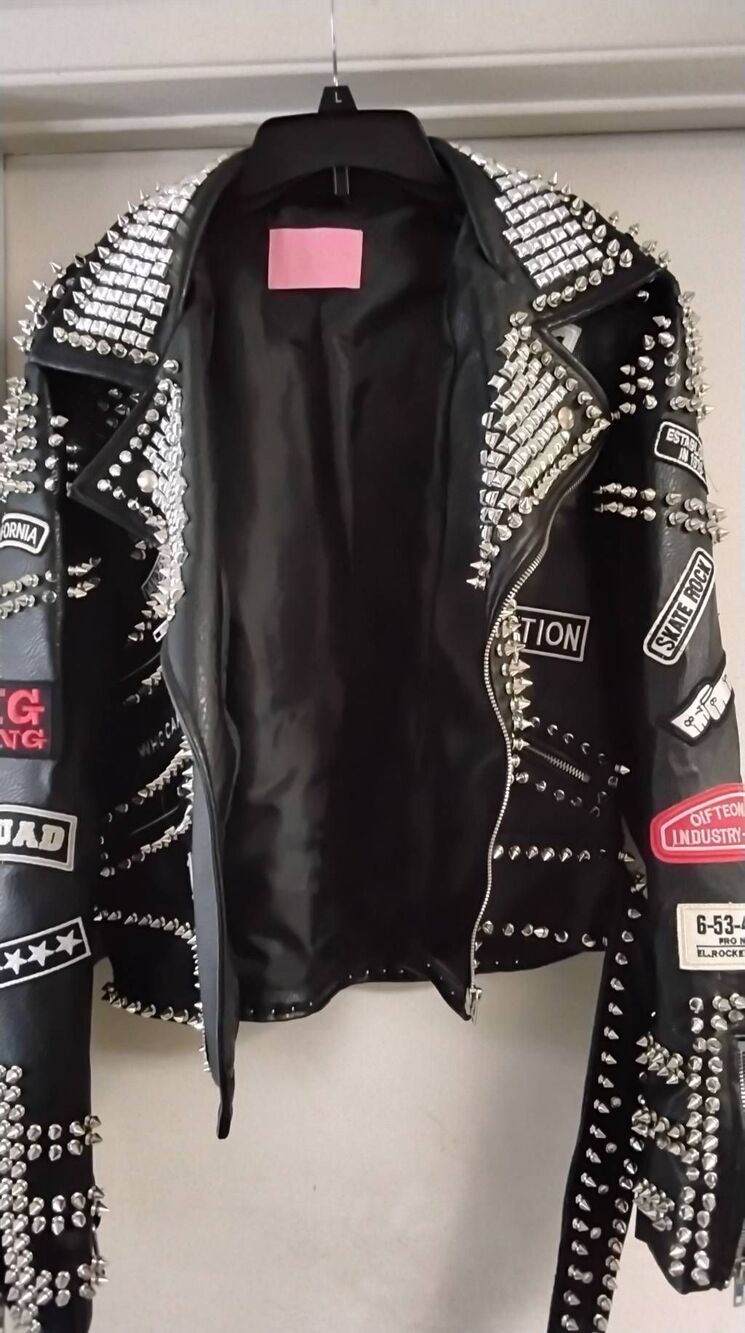 NWOT~AZALEA WANG Black AC/DC Punk Rock Studded Patchwork Moto Jacket Sz XL - Picture 4 of 11